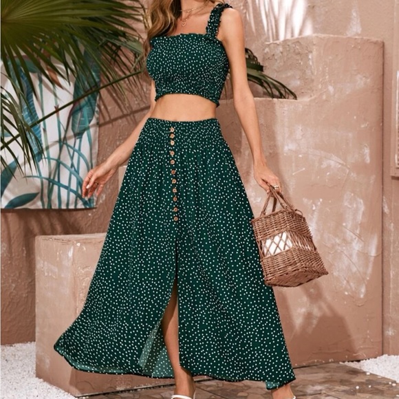 VCAY Ruffle Trim Shirred Polka Dot Tank Top & Split Hem Skirt - 3 piece set - Picture 3 of 9